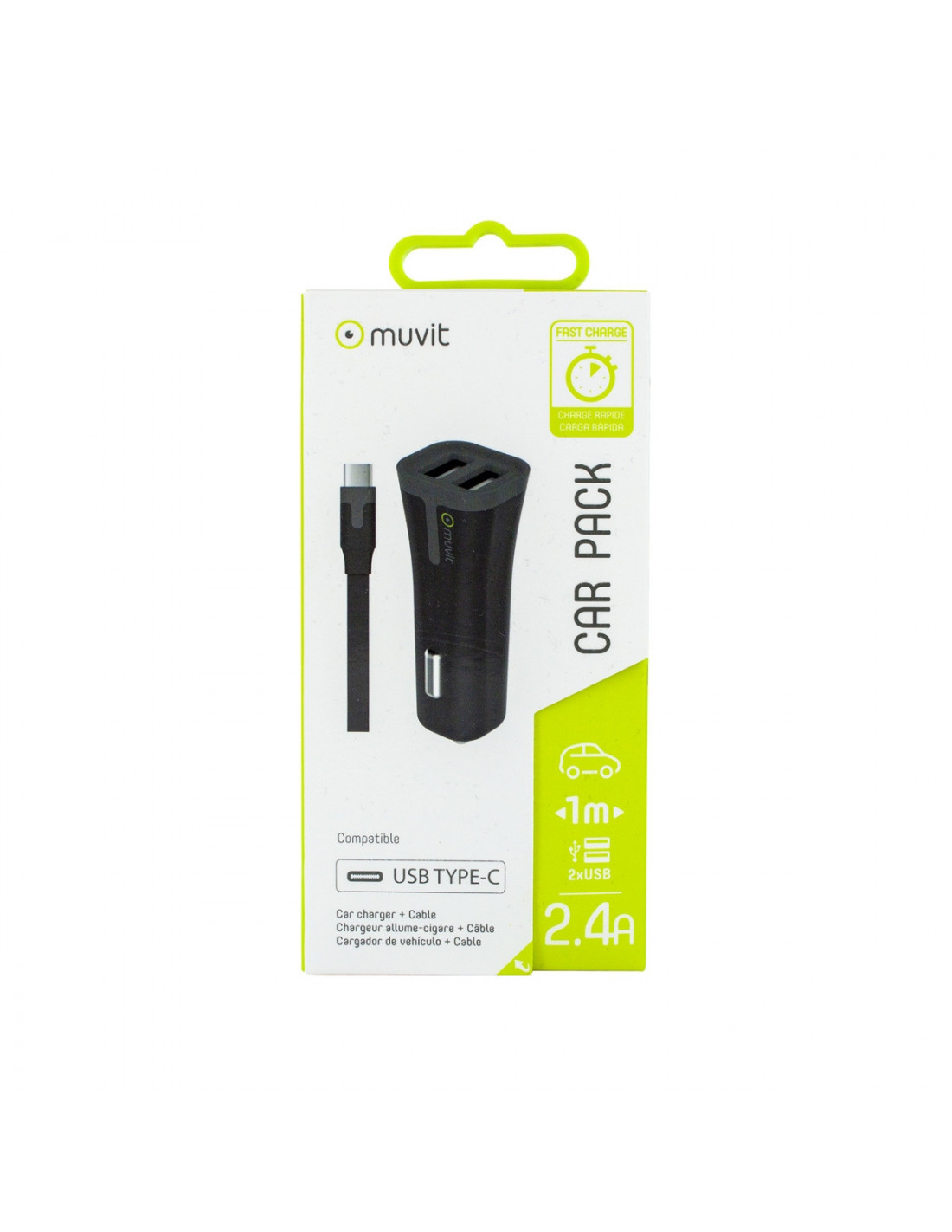 Cargador móvil coche 2 puertos usb 4.8a negro Muvit for change